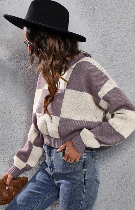 Checkerboard Long Sleeve Short Loose Knit Sweater-[Adult]-[Female]-2022 Online Blue Zone Planet