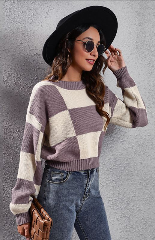 Checkerboard Long Sleeve Short Loose Knit Sweater-[Adult]-[Female]-Purple-S-2022 Online Blue Zone Planet