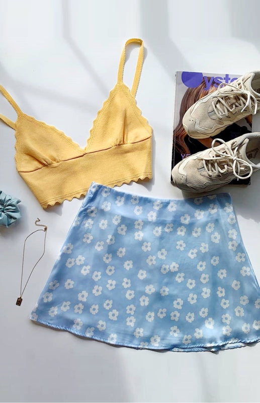 Blue Zone Planet |  Laura's High Waist Satin Floral Print Short Mini Skirt BLUE ZONE PLANET