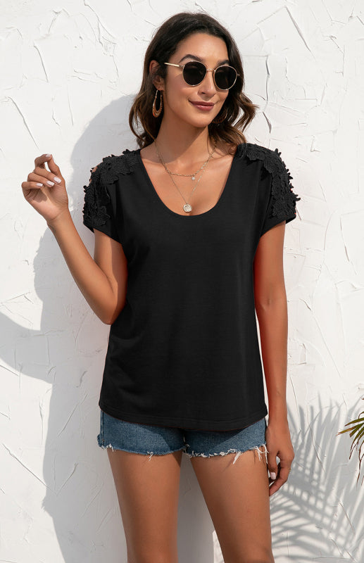Women's Casual Lace Stitched V-Neck Pullover Short Sleeve Tops-[Adult]-[Female]-Black-S-2022 Online Blue Zone Planet