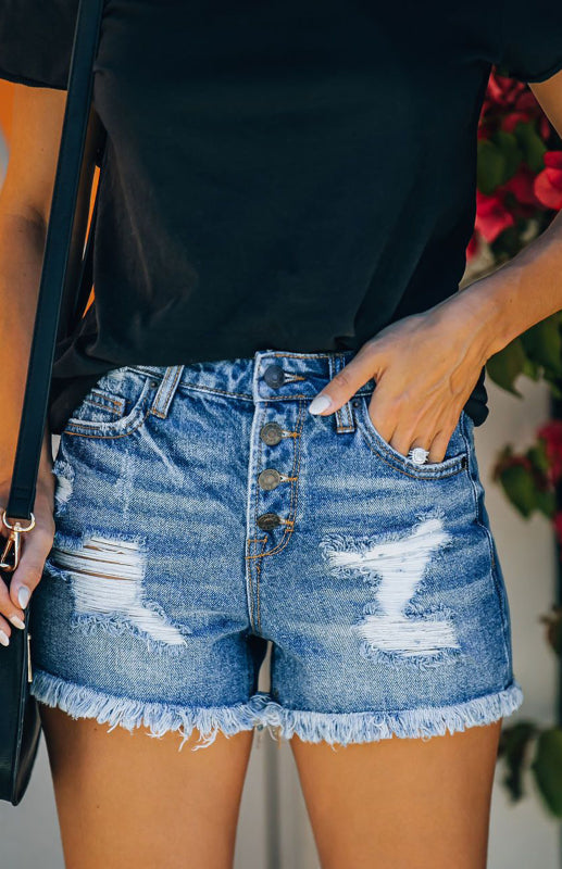 Blue Zone Planet | Street Hipster Ripped Washed Versatile Fringed Denim Shorts-TOPS / DRESSES-[Adult]-[Female]-Clear blue-S-2022 Online Blue Zone Planet