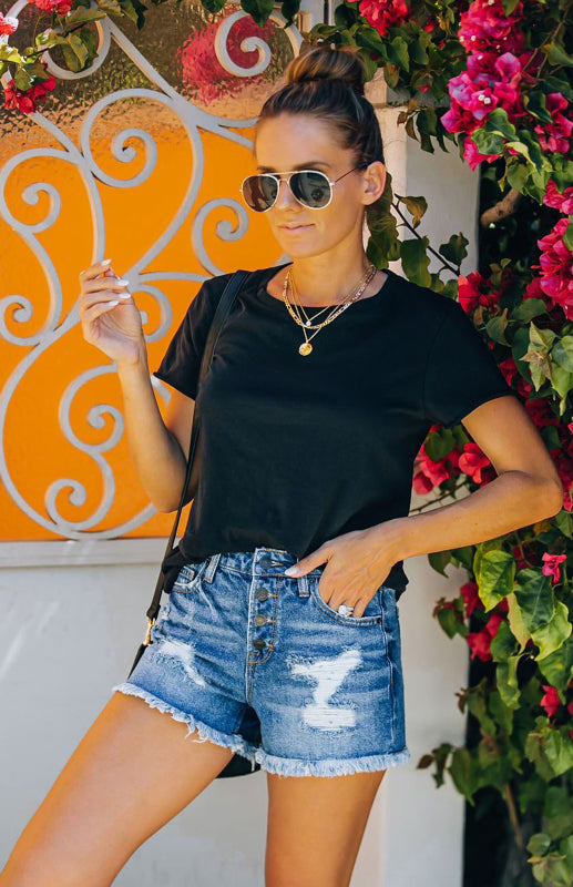 Blue Zone Planet | Street Hipster Ripped Washed Versatile Fringed Denim Shorts-BOTTOMS SIZES SMALL MEDIUM LARGE-[Adult]-[Female]-2022 Online Blue Zone Planet