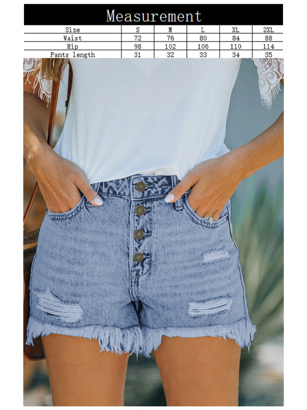 Blue Zone Planet | Shorts Mid Waist Buttoned Jeans Washed Ripped Denim Shorts BLUE ZONE PLANET