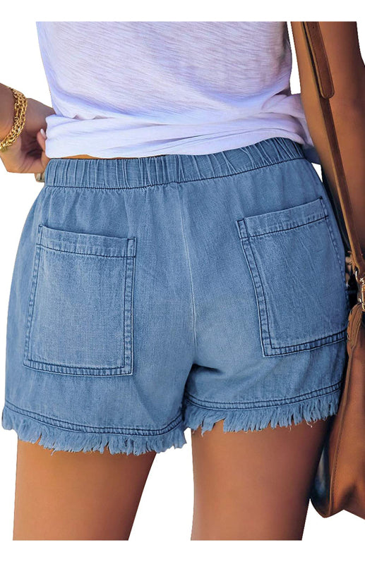 Blue Zone Planet |  Women's Elastic Waist Drawstring Casual High Waist Slim Denim Shorts kakaclo