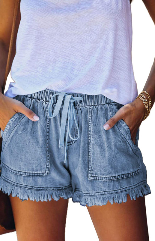 Blue Zone Planet |  Women's Elastic Waist Drawstring Casual High Waist Slim Denim Shorts kakaclo