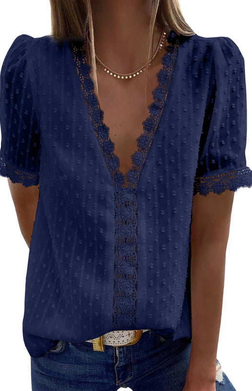 Blue Zone Planet |  Women’s Lace Splicing V-Neck Swiss Dot Short Sleeve Top BLUE ZONE PLANET