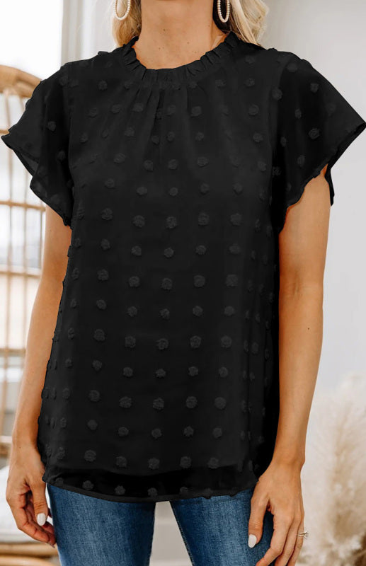Women’s Ruffled Sleeve Swiss Dot T-shirts-[Adult]-[Female]-2022 Online Blue Zone Planet