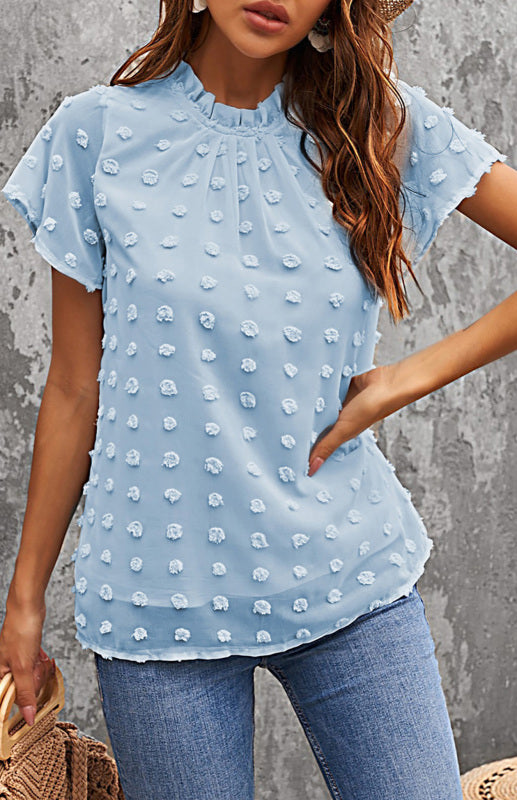 Women’s Ruffled Sleeve Swiss Dot T-shirts-[Adult]-[Female]-Sky blue azure-S-2022 Online Blue Zone Planet