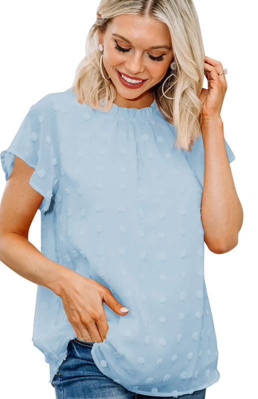 Women’s Ruffled Sleeve Swiss Dot T-shirts-[Adult]-[Female]-2022 Online Blue Zone Planet