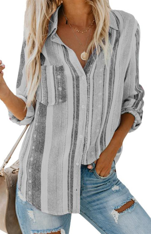 Blue Zone Planet |  Linen Turn-down Collar Sweet Enough Striped Button Up Top BLUE ZONE PLANET