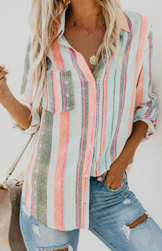 Blue Zone Planet |  Linen Turn-down Collar Sweet Enough Striped Button Up Top BLUE ZONE PLANET