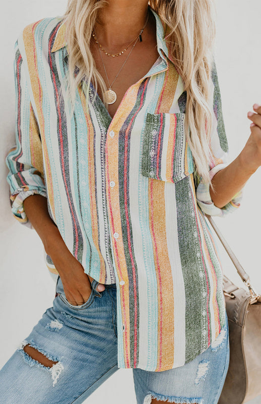 Blue Zone Planet |  Linen Turn-down Collar Sweet Enough Striped Button Up Top BLUE ZONE PLANET