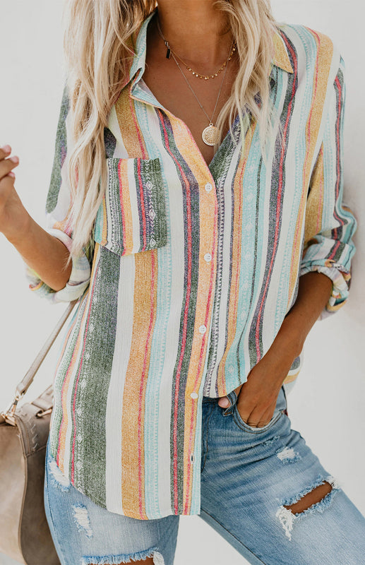 Blue Zone Planet |  Linen Turn-down Collar Sweet Enough Striped Button Up Top BLUE ZONE PLANET