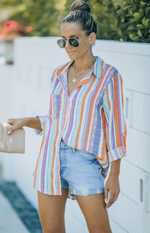 Blue Zone Planet |  Linen Turn-down Collar Sweet Enough Striped Button Up Top BLUE ZONE PLANET