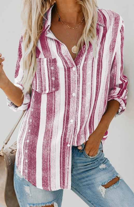 Blue Zone Planet |  Linen Turn-down Collar Sweet Enough Striped Button Up Top BLUE ZONE PLANET