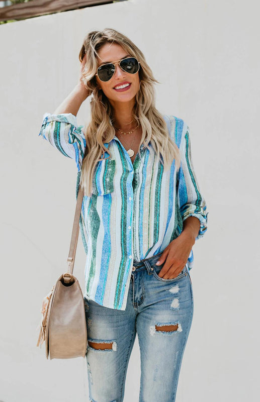 Blue Zone Planet |  Linen Turn-down Collar Sweet Enough Striped Button Up Top BLUE ZONE PLANET