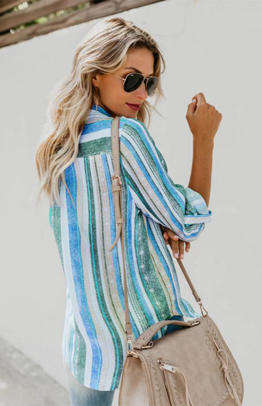 Blue Zone Planet |  Linen Turn-down Collar Sweet Enough Striped Button Up Top BLUE ZONE PLANET