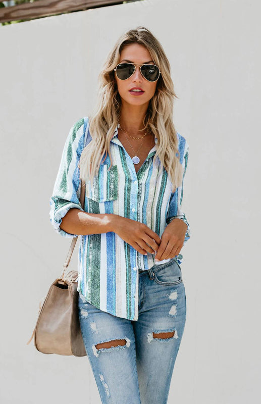 Blue Zone Planet |  Linen Turn-down Collar Sweet Enough Striped Button Up Top BLUE ZONE PLANET