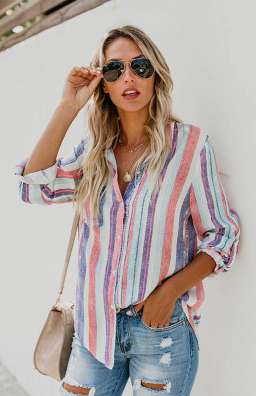 Blue Zone Planet |  Linen Turn-down Collar Sweet Enough Striped Button Up Top BLUE ZONE PLANET