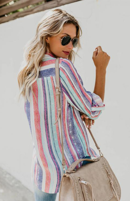 Blue Zone Planet |  Linen Turn-down Collar Sweet Enough Striped Button Up Top BLUE ZONE PLANET