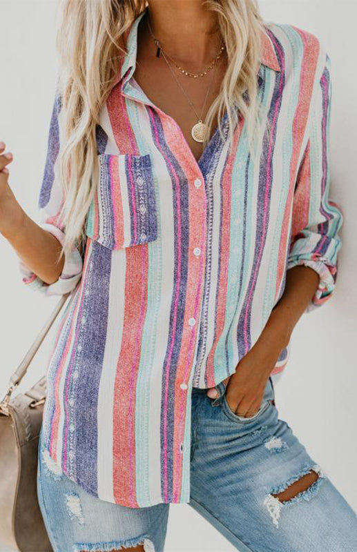 Blue Zone Planet |  Linen Turn-down Collar Sweet Enough Striped Button Up Top BLUE ZONE PLANET