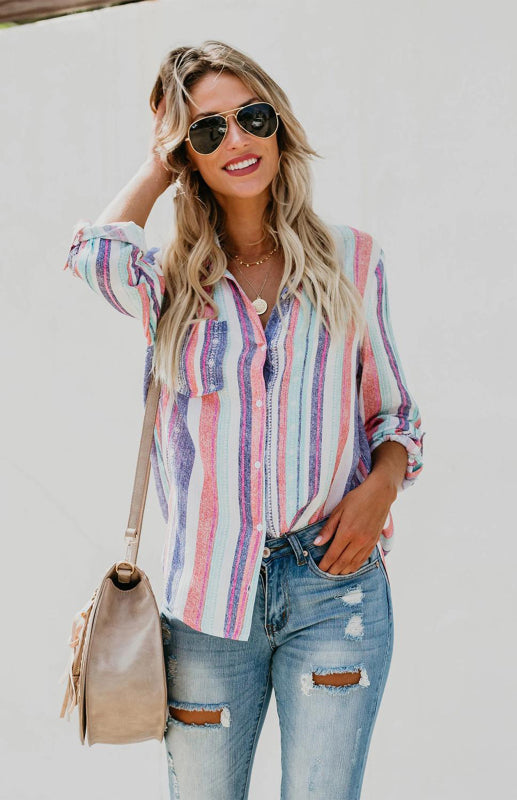 Blue Zone Planet |  Linen Turn-down Collar Sweet Enough Striped Button Up Top BLUE ZONE PLANET