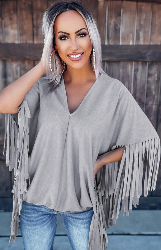 Ladies Grey Fringe V-Neck Top Loose Top-[Adult]-[Female]-2022 Online Blue Zone Planet