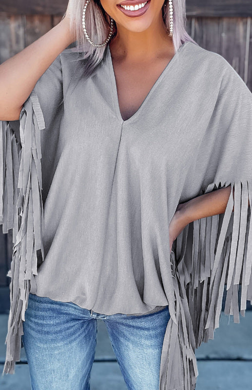 Ladies Grey Fringe V-Neck Top Loose Top-[Adult]-[Female]-Grey-S-2022 Online Blue Zone Planet