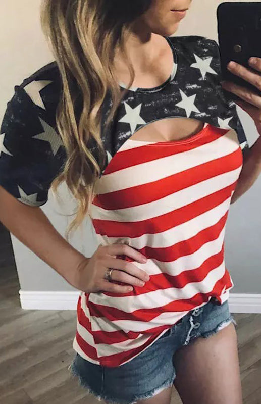 Women's Black Contrast American Flag Cutout T-Shirt-[Adult]-[Female]-American flag-S-2022 Online Blue Zone Planet