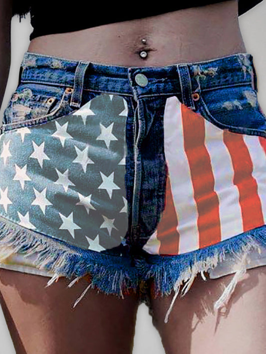 Blue Zone Planet | American Flag Fringe Star Print Denim Shorts BLUE ZONE PLANET