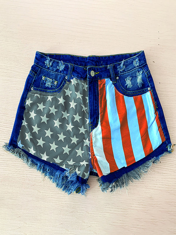 Blue Zone Planet | American Flag Fringe Star Print Denim Shorts BLUE ZONE PLANET