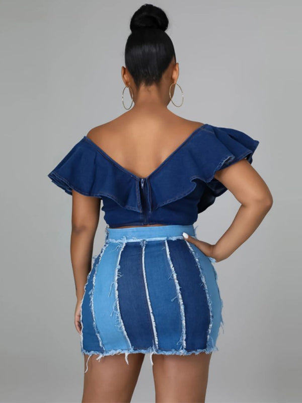 Blue Zone Planet |  High Waist Patchwork Washed Pleated Denim Skirt BLUE ZONE PLANET