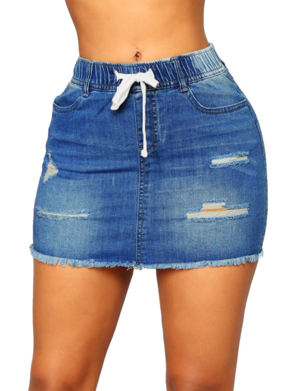 Blue Zone Planet | Spring/Summer Drawstring Hole Pack Hip Denim Short Skirt BLUE ZONE PLANET