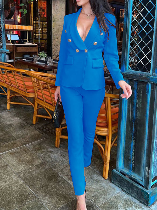 **Women Double-Breasted Blazer Pantsuit Fashion**-[Adult]-[Female]-Blue-S-2022 Online Blue Zone Planet