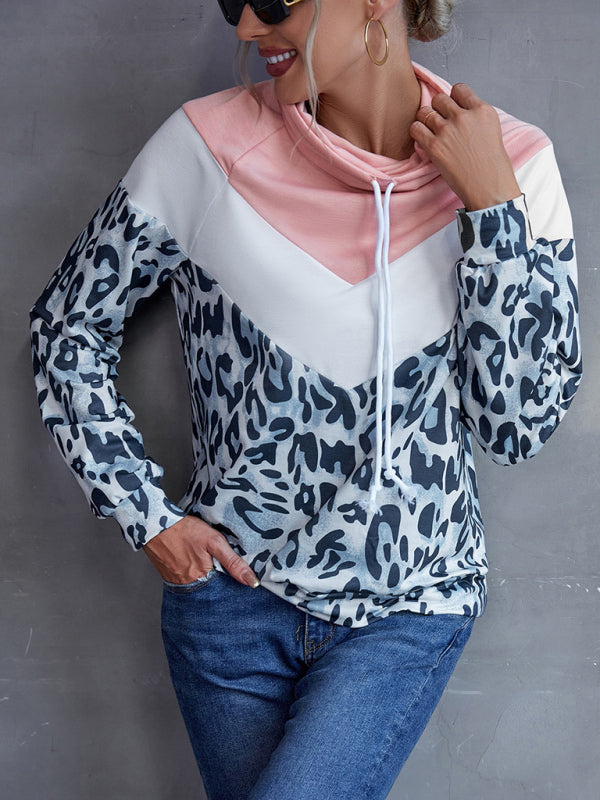 Women's Leopard Print Contrast Panel Pullover Top-[Adult]-[Female]-Pink-S-2022 Online Blue Zone Planet