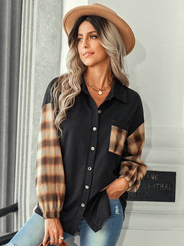 Plaid patchwork Polo loose shirt BLUE ZONE PLANET