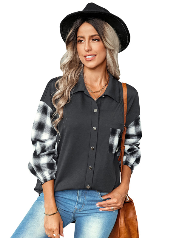 Plaid patchwork Polo loose shirt BLUE ZONE PLANET