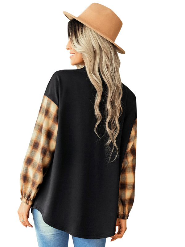 Plaid patchwork Polo loose shirt BLUE ZONE PLANET