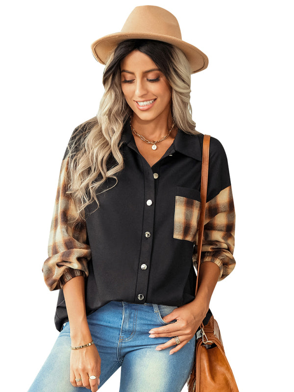 Plaid patchwork Polo loose shirt BLUE ZONE PLANET