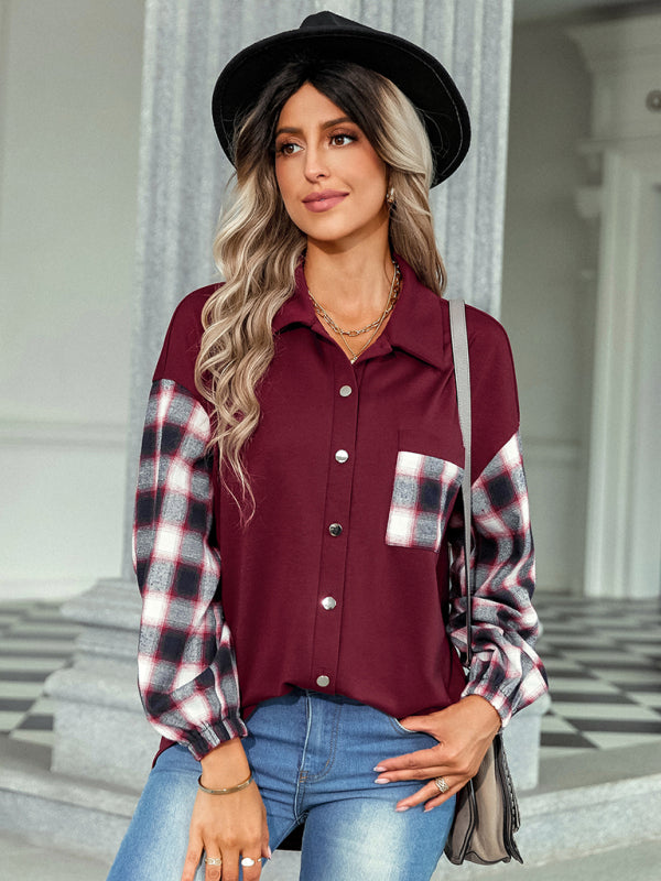 Plaid patchwork Polo loose shirt BLUE ZONE PLANET