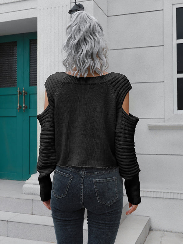 Women's off shoulder short loose long sleeved sweater-[Adult]-[Female]-2022 Online Blue Zone Planet