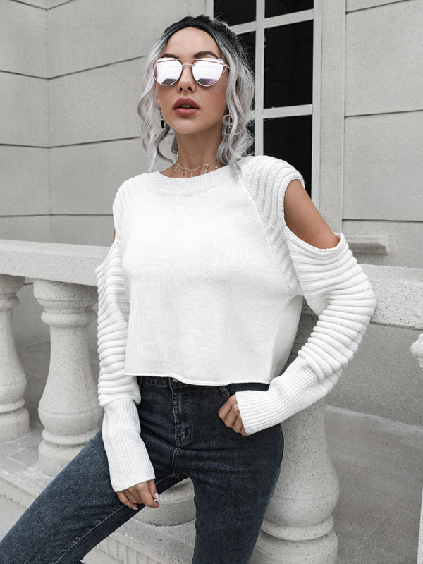 Women's off shoulder short loose long sleeved sweater-[Adult]-[Female]-2022 Online Blue Zone Planet