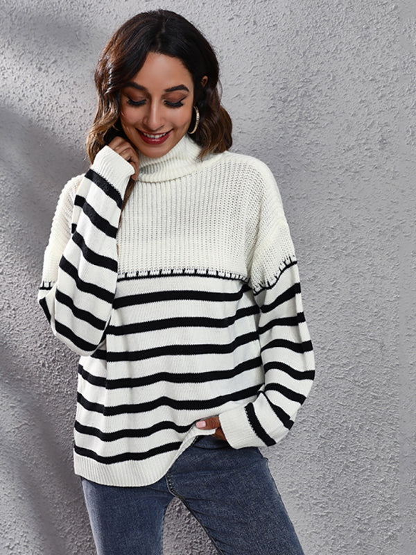 Women's striped patchwork off shoulder high neck knitted sweater-[Adult]-[Female]-2022 Online Blue Zone Planet