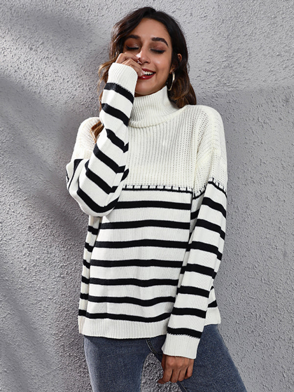 Women's striped patchwork off shoulder high neck knitted sweater-[Adult]-[Female]-2022 Online Blue Zone Planet