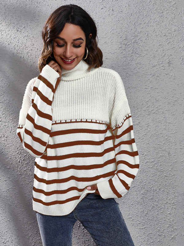 Women's striped patchwork off shoulder high neck knitted sweater-[Adult]-[Female]-Coffee-S-2022 Online Blue Zone Planet