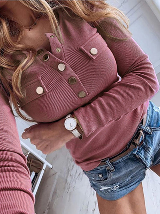 Blue Zone Planet |  Solid Color Long Sleeve Button Knit Top BLUE ZONE PLANET