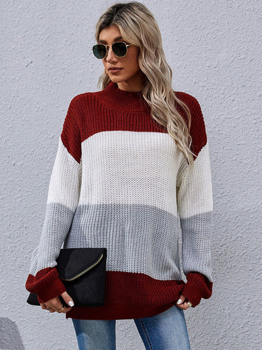 Women's Long Sleeve Colorblock Mid Length Sweater Casual