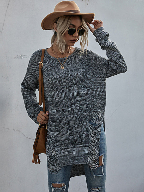 women's long sleeve round neck ripped knitted forest sweater-[Adult]-[Female]-Black-S-2022 Online Blue Zone Planet