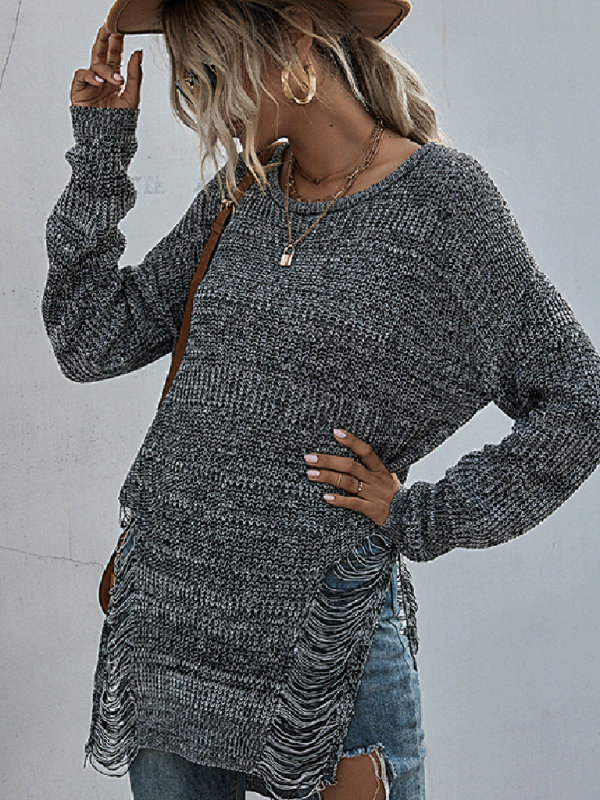 women's long sleeve round neck ripped knitted forest sweater-[Adult]-[Female]-2022 Online Blue Zone Planet