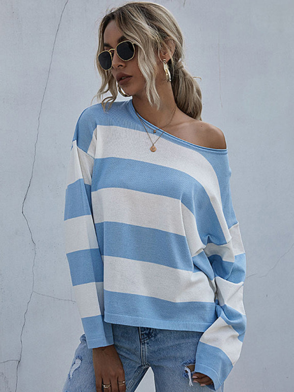 women's loose round neck long sleeve knitted striped sweater-[Adult]-[Female]-2022 Online Blue Zone Planet